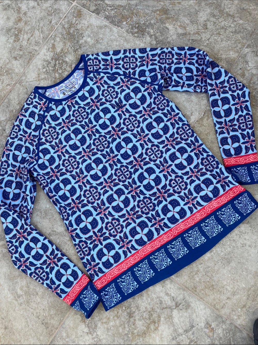 Coolibar Powder Blue Floral Scuba Shirt with Coral Accents